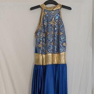 Blue and gold dance costume
